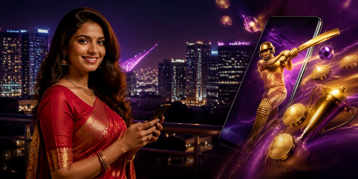A woman enjoying online Rummy with vibrant lights in the background